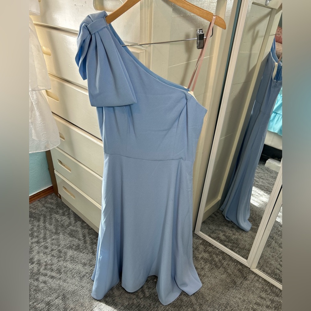 GAL MEETS GLAM Light Blue A-Line Midi Dress Neck Bow Fit and Flare one shoulder✨
